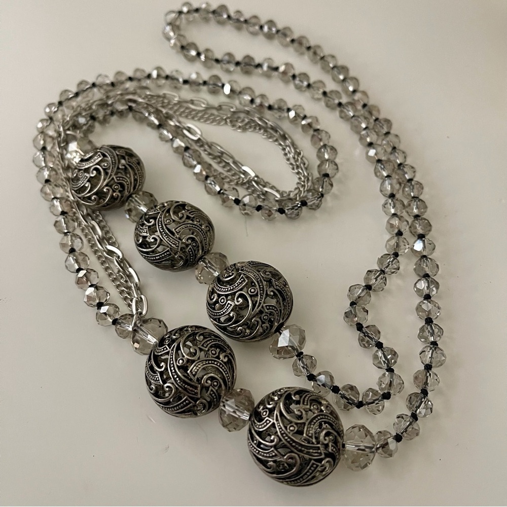 Vintage Opera Length Filigree and Hand Knotted Smokey Grey Crystal Beads - Picture 9 of 13